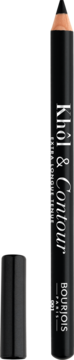 Czarna kredka do oczu Bourjois Khôl & Contour z zaostrzoną, beżową końcówką i zdjętą skuwką obok.