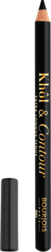Czarna kredka do oczu Bourjois Khôl & Contour, pionowo ustawiona, z odkrytą ostrzoną końcówką i zdjętą zatyczką.