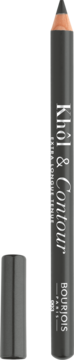 Bourjois Khôl & Contour eyeliner pencil w kolorze Misti-girls, szary, z pomarańczową końcówką i odłożeną skuwką.