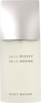 L'Eau d'Issey pour Homme Issey Miyake, matowa biała butelka wody toaletowej z srebrną nakrętką, widok z przodu.