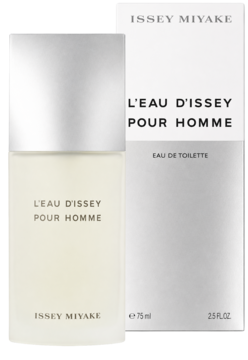 Issey Miyake L'Eau d'Issey Pour Homme EDT 75ml w matowej butelce ze srebrną nakrętką, z pudełkiem, widok z przodu.