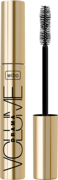Wibo Volume Drama maskara, złote opakowanie, czarna szczoteczka obok, intensywna czerń, widok z boku.