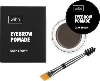 Wibo Eyebrow Pomade Dark Brown: czarne pudełko i otwarty słoiczek z brązową pomadą, z dołączonym pędzelkiem. Widok z przodu.