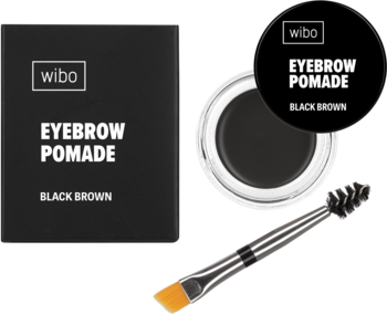 Wibo Koloryzująca pomada do brwi Black Brown. Widok czarnego pudełka, białego słoiczka i pędzla.