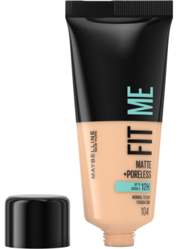 Maybelline Fit Me 104, matujący podkład w otwartej beżowej tubce z czarną nakrętką obok.