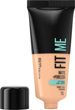 Matujący podkład Maybelline Fit Me Matte + Poreless w jasnobeżowej tubce, otwartej, czarna nakrętka obok, widok z przodu.