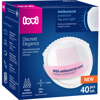 Lovi Discreet Elegance, niebieskie opakowanie antybakteryjnych wkładek laktacyjnych, 40 sztuk, z napisem NEW.