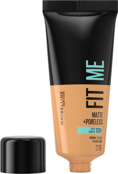 Beżowy podkład matujący Maybelline Fit Me Matte+Poreless 220 w tubce, czarna nakrętka obok, widok z przodu.