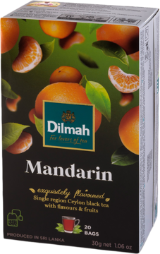 Dilmah Mandarin czarna herbata cejlońska, pudełko z pomarańczowymi mandarynkami na ciemnym tle, widok z przodu.
