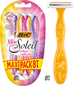 BIC Miss Soleil 8 szt. maszynki 3-ostrzowe, w kolorowym blistrze, żółta maszynka obok, gładkie golenie.