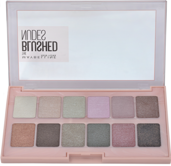 Otwarta różowa paletka cieni Maybelline New York Nudes Blushed, z 12 odcieniami matowymi i błyszczącymi.