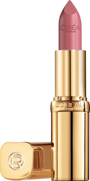 L'Oréal Color Riche, pielęgnująca pomadka satynowa. Otwarty sztyft w odcieniu pudrowego różu, złote etui.