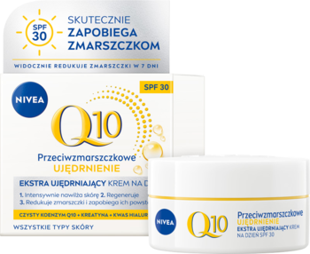 NIVEA Q10 przeciwzmarszczkowy krem na dzień SPF30. Biały słoiczek z żółto-niebieskim logo obok kartonu.