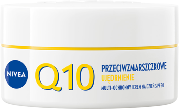 Krem NIVEA Q10 Ujędrnienie SPF30, biały słoiczek z żółtym Q10, niebieskim logo, przeciwzmarszczkowy, widok z przodu.