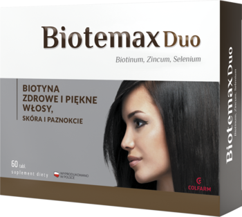Biotemax Duo suplement na zdrowe włosy, skórę i paznokcie; brązowo-białe pudełko z wizerunkiem kobiety, widok z przodu.