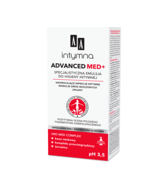 Białe pudełko AA Intymna Advanced Med+ emulsja do higieny intymnej z pH 3,5, widok z przodu, lekko bokiem.