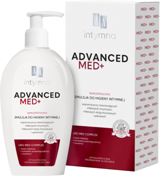 Biała butelka AA Intymna Advanced Med+ emulsji do higieny intymnej z pompką obok czerwono-białego pudełka.