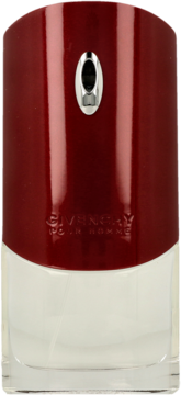 Bordowo-przezroczysta szklana butelka Givenchy Pour Homme, wody toaletowej, widok z przodu, atomizer.