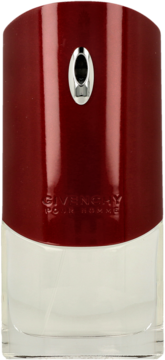 Bordowo-przezroczysta szklana butelka Givenchy Pour Homme, wody toaletowej, widok z przodu, atomizer.