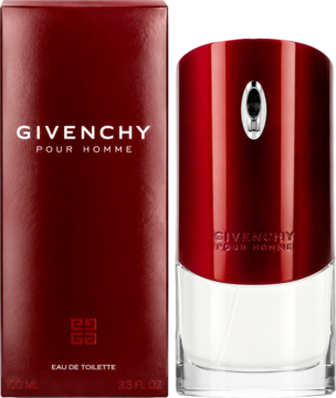 Givenchy Pour Homme męska woda toaletowa w czerwonej butelce z metalowym detalem oraz pasującym pudełku, widok frontalny.