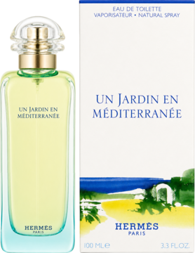Hermes Un Jardin En Mediterranee EDT 100ml. Butelka z żółto-niebieskim płynem obok białego pudełka z pejzażem.