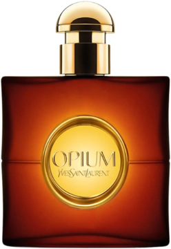 YSL Opium orientalna woda toaletowa, ciemnobursztynowa butelka ze złotą nakrętką i etykietą, widok z przodu.