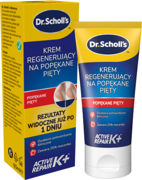 Dr. Scholl's Krem regenerujący na popękane pięty, żółto-niebieska tuba i pudełko, widok pod kątem.