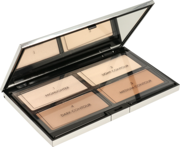 Otwarta srebrna paleta do konturowania i strobingu Light Skin, z lusterkiem, rozświetlaczem i 3 pudrami brąz.