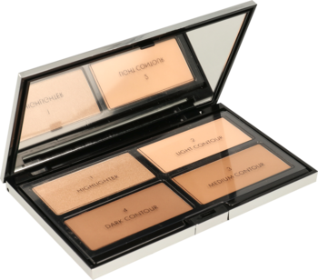 Otwarta paleta do konturowania i strobingu Medium Skin, 4 pudry beż/brąz, lustro, widok pod kątem.
