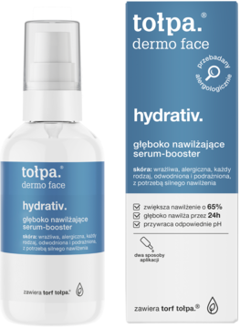 Tołpa Dermo Face Hydrativ głęboko nawilżające serum-booster, biała butelka z pompką, widok z przodu, obok pudełko.