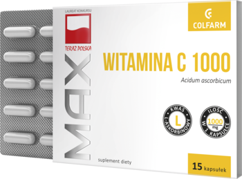 Colfarm Max Witamina C 1000 w białym opakowaniu z widocznym blistrem 15 białych kapsułek, widok z przodu.