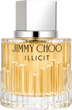 Jimmy Choo Illicit woda perfumowana EDP, złota butelka z krystalicznymi fasetami i srebrną nakrętką, widok z przodu.