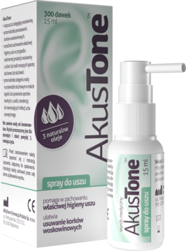 AkusTone spray do uszu 15 ml na woskowinę, białe opakowanie i butelka z pompką, z przodu, lekko pod kątem.