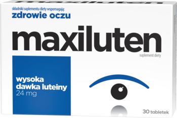 Pudełko Maxiluten, suplement diety dla zdrowia oczu z wysoką dawką luteiny 24 mg, widok z przodu.