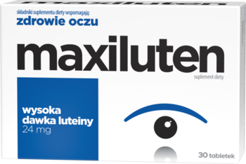 Pudełko Maxiluten, suplement diety dla zdrowia oczu z wysoką dawką luteiny 24 mg, widok z przodu.