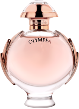 Paco Rabanne Olympea woda perfumowana dla kobiet, okrągła butelka z różowo-złotymi detalami lauru.