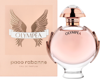 Pudełko i kulisty flakon Paco Rabanne Olympea, woda perfumowana dla kobiet. Jasnoróżowe, złote akcenty, na czarnym tle.