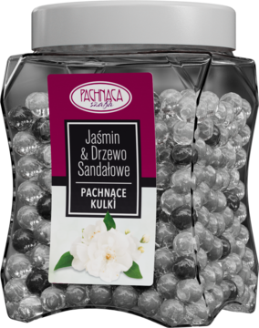 Pachnące kulki Jaśmin i Drzewo Sandałowe w przezroczystym słoiku, z biało-fioletową etykietą i kwiatami jaśminu.