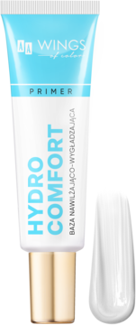 Baza AA Wings of Color Hydro Comfort, biała tubka z niebieskim wieczkiem i złotym dołem, obok biała smuga.