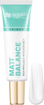 Baza matująca AA Wings of Color Primer Matt Balance w biało-turkusowej tubce, z widoczną próbką produktu obok.