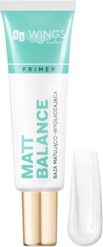 Baza matująca AA Wings of Color Primer Matt Balance w biało-turkusowej tubce, z widoczną próbką produktu obok.