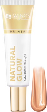 Biała tuba AA Wings of Color Natural Glow Primer, widok z przodu, ze złotem, obok beżowy swatch.