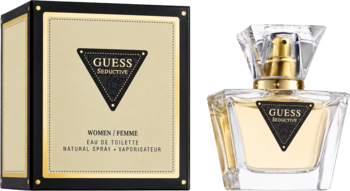 Perfumy damskie Guess Seductive w czarno-złotym pudełku i szklanej butelce z bursztynowym płynem, widok z przodu.
