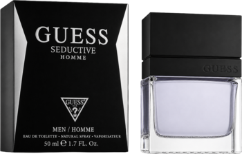 Guess Seductive Homme woda toaletowa: czarne pudełko i przezroczysta butelka z fioletowym płynem, widoczne z przodu.