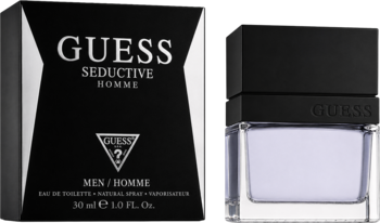 Guess Seductive Homme woda toaletowa męska 30ml: czarny flakon z fioletowym płynem i czarne pudełko z napisem Guess.