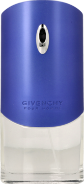 Męska woda toaletowa Givenchy Blue Label w niebieskiej butelce z przezroczystym dołem, widok z przodu.