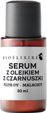 Bioelixire Serum do włosów z olejkiem z czarnuszki, 20 ml, filtr UV, ciemna butelka, widok z przodu.