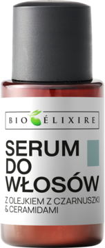 Bioelixire Serum do Włosów z czarnuszką, brązowa butelka z czarną nakrętką, widok z przodu.