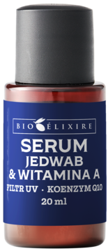 Serum do włosów Bioelixire Jedwab & Witamina A 20ml, brązowa butelka z niebieską etykietą, widok z przodu.