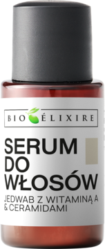 Bioelixire Serum do Włosów z jedwabiem, witaminą A i ceramidami, brązowa butelka, czarny korek, widok z przodu.
